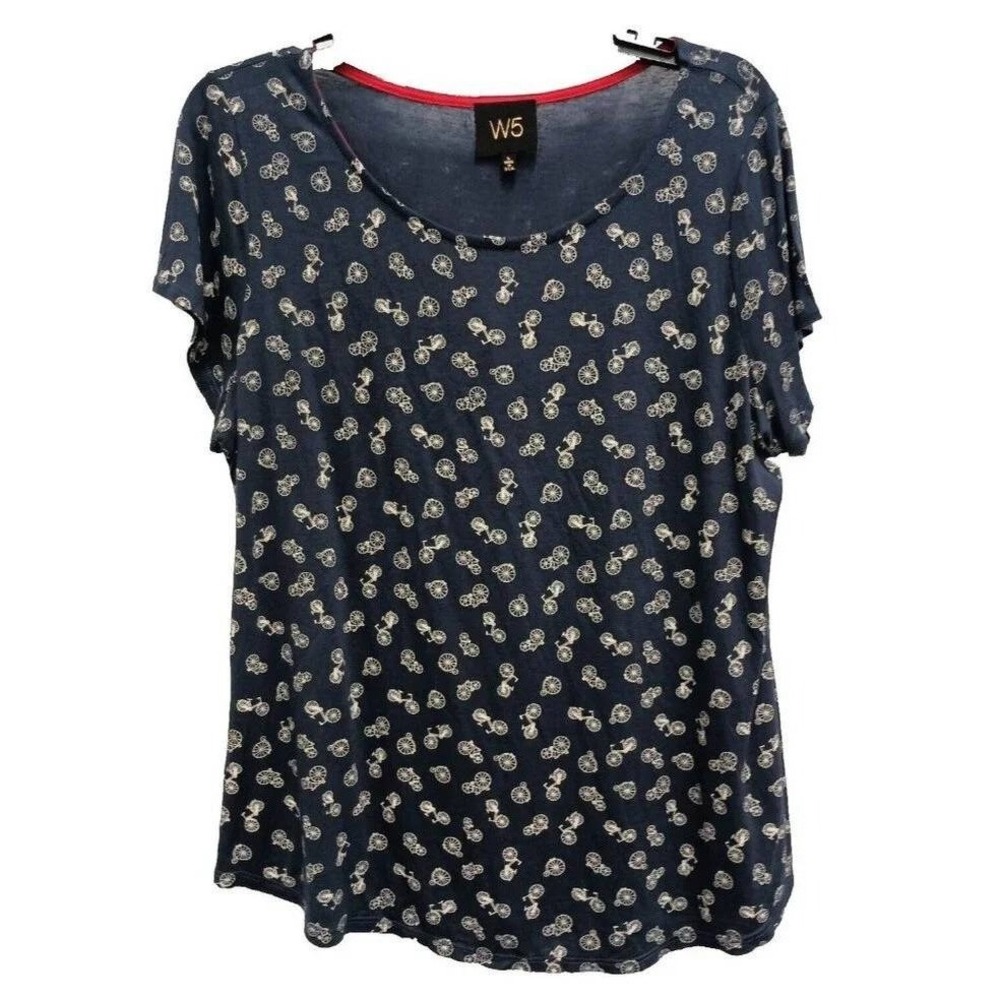 W5 Bicycle Print T-Shirt Womens Large Blue Scoop Neck Short Sleeve Casual Cotton